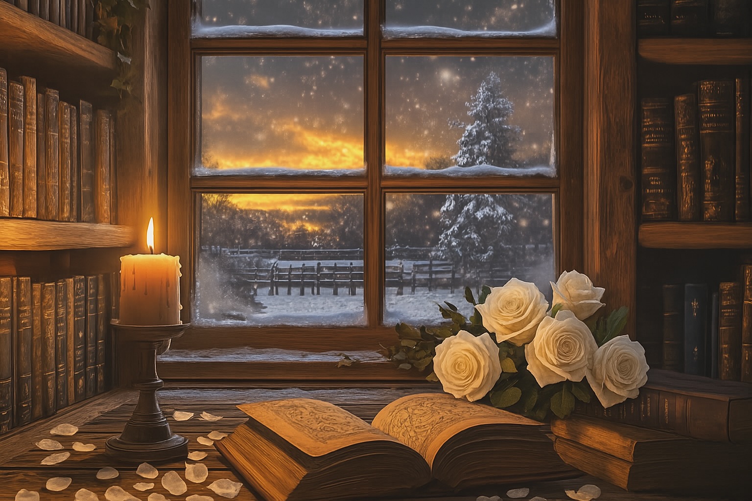 Open book, white roses, and a candle on a wooden table beside a frosted window, with a snowy landscape and golden sunset outside.