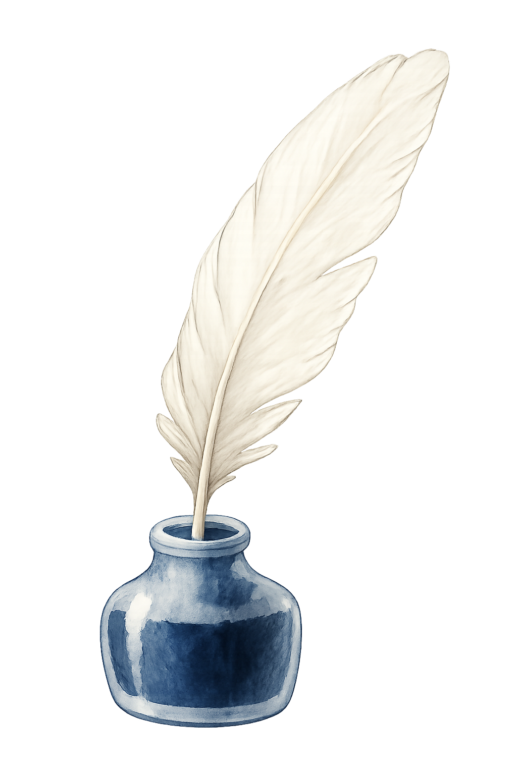 White feather quill in a pot of blue ink.