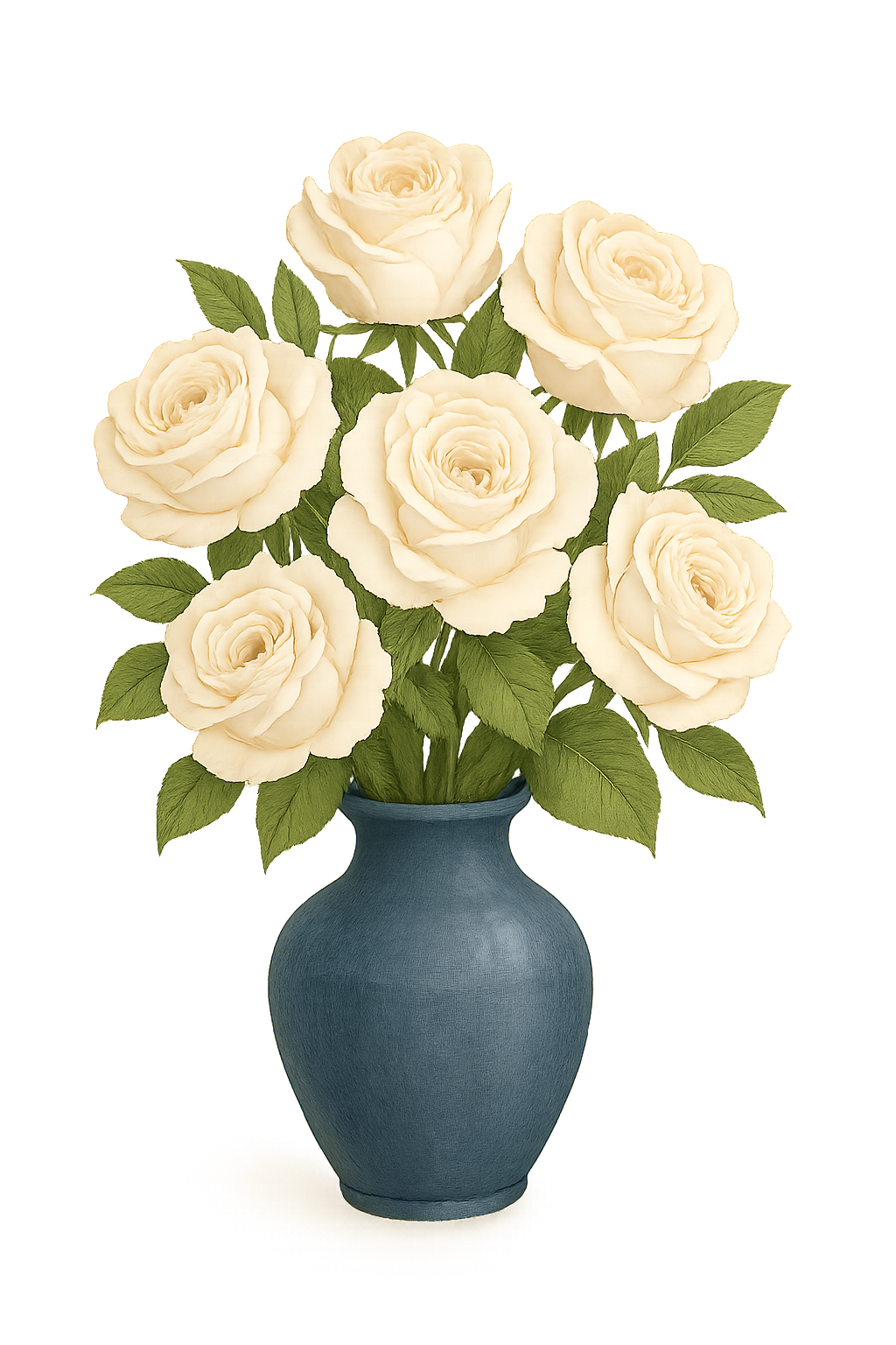 A bouquet of white roses in a blue vase.