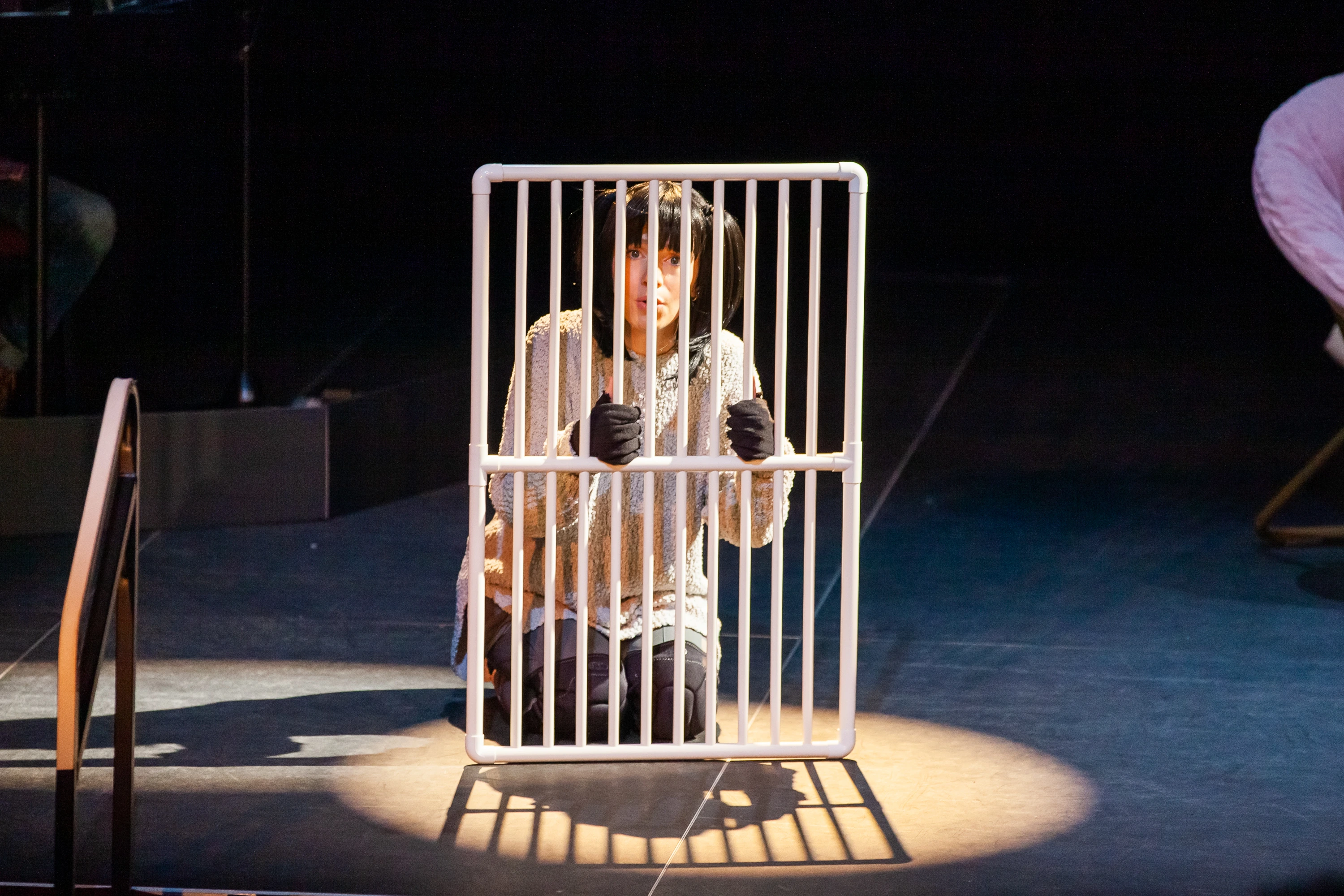 An actor portraying Mitzvah kneels behind a white PVC cage on stage, illuminated by a spotlight, performing a scene about the challenges of being a mutt in an animal shelter.
