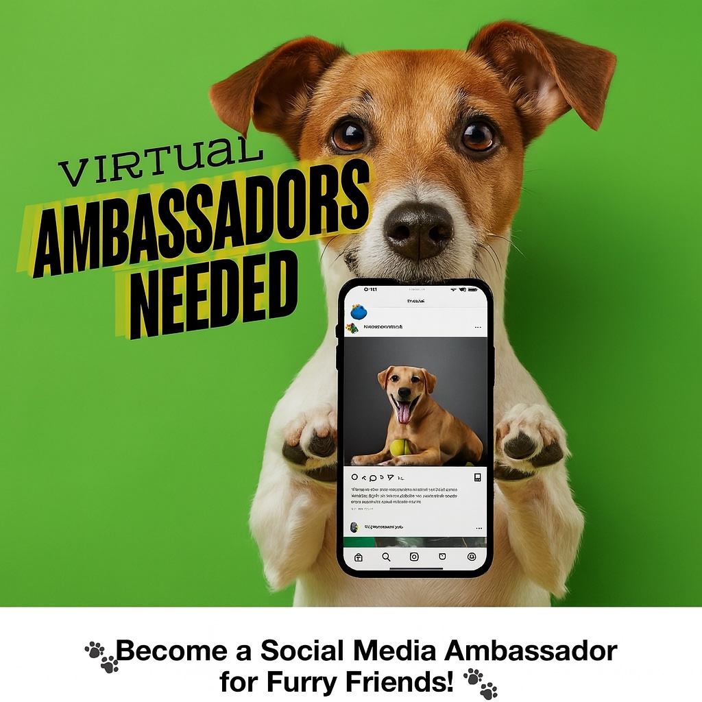 A small brown and white dog holds a smartphone showing an Instagram post of another happy dog with a green toy. Behind it, bold text on a bright green background reads “Virtual Ambassadors Needed.” Below, paw prints frame the caption: “Become a Social Media Ambassador for Furry Friends!