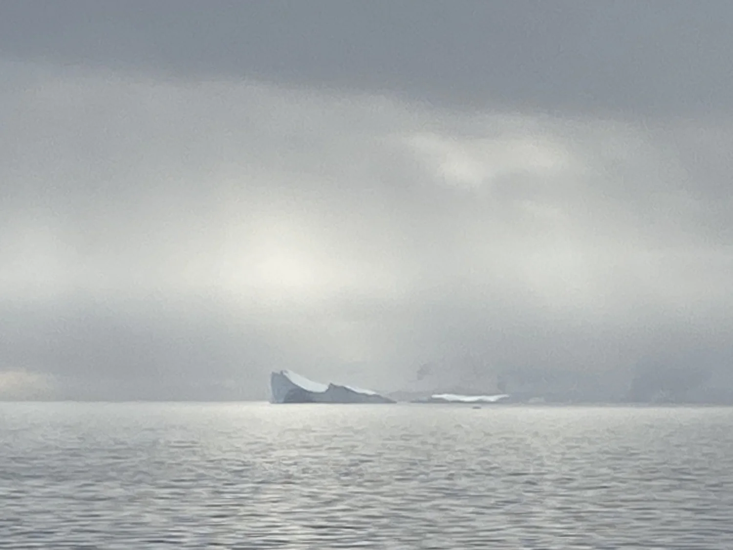 Iceberg floating in a calm, gray Antarctic sea under a misty sky.