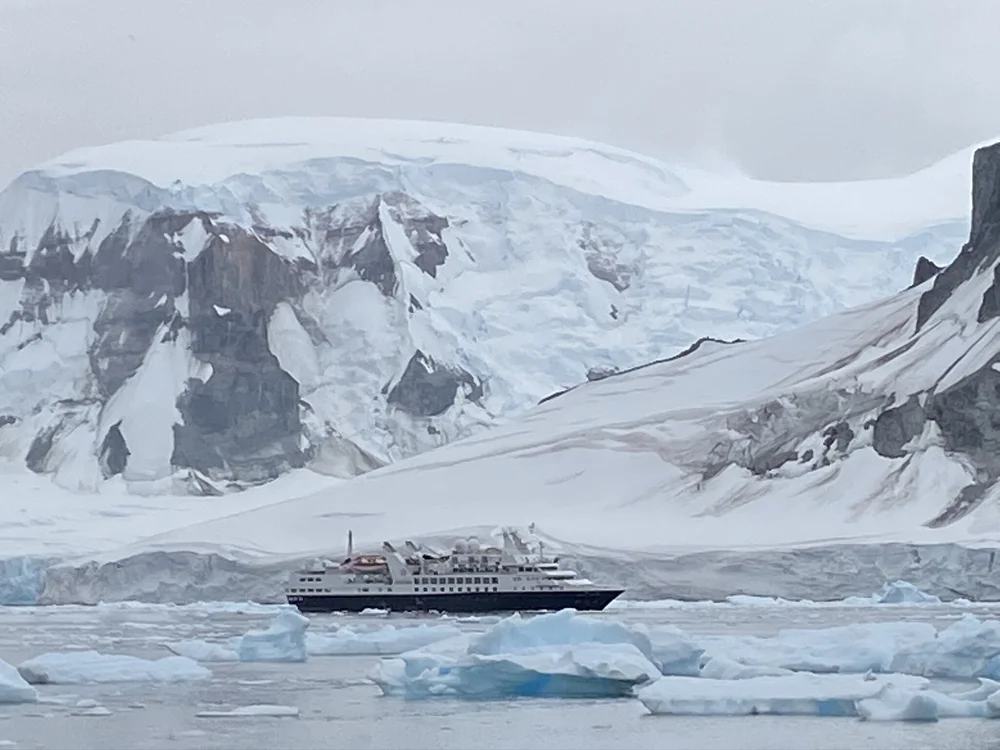 Expedition cruise ship sailing through icy Antarctic waters with massive snow-covered cliffs in the background