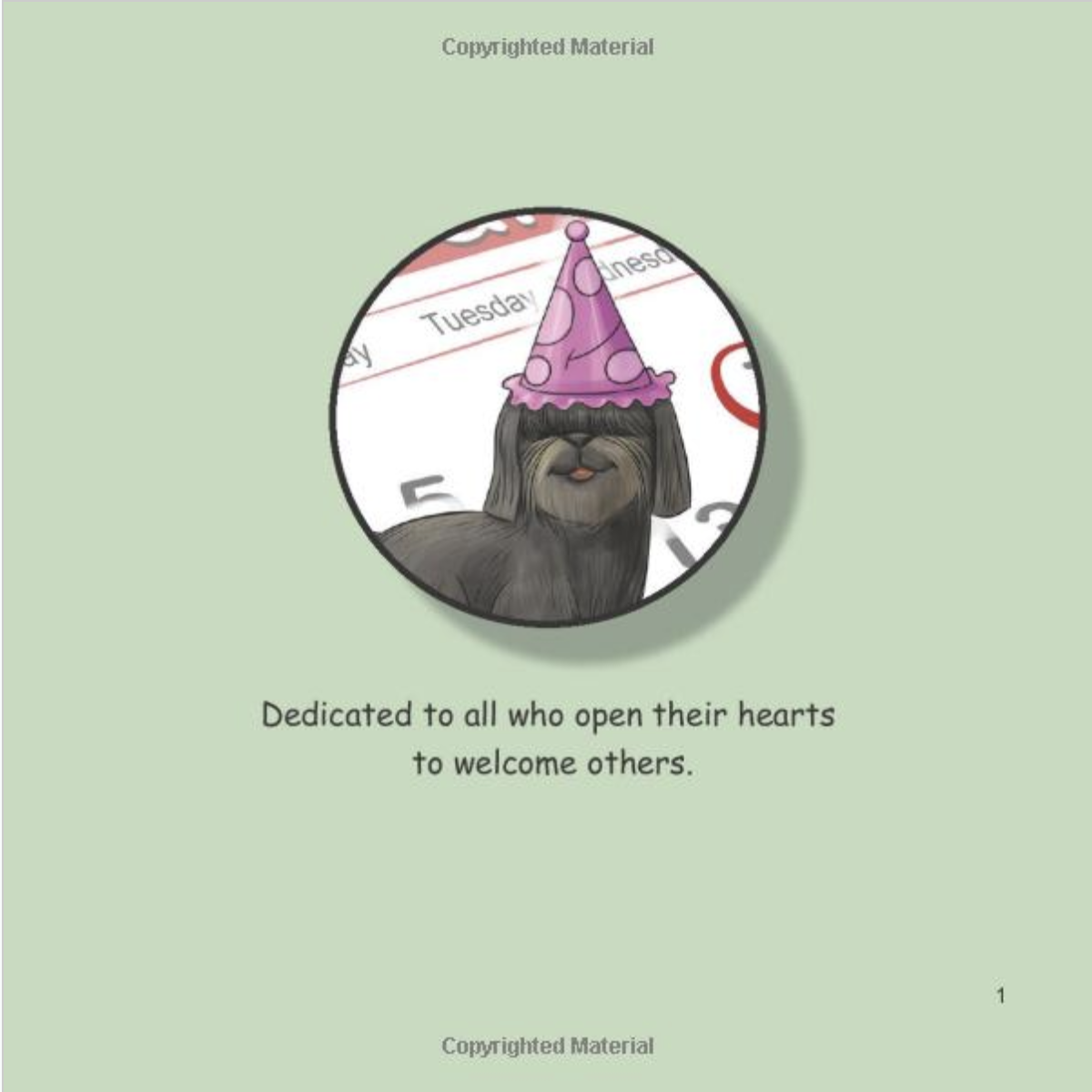 Back of Mazel Tov, Mitzvah! Featuring Mitzvah in a party hat with the dedication to all who open their hearts to welcome others.