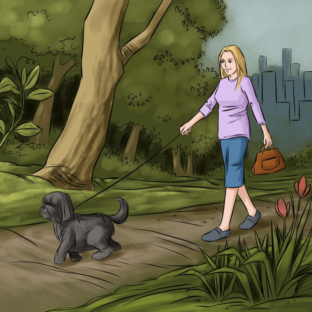 Illustrated scene of Lee walking her beloved dog Mitzvah through a peaceful forest path, symbolizing their joyful time together.