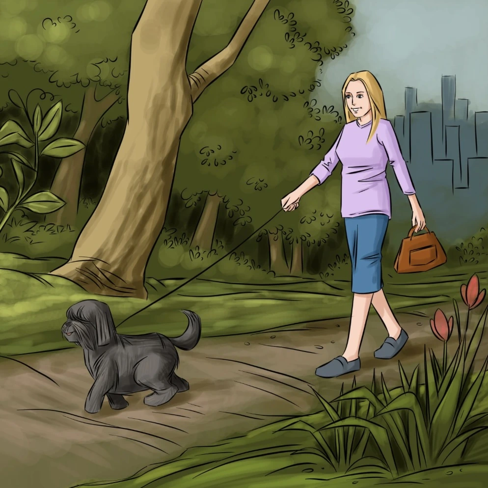 Illustrated scene of Lee walking her beloved dog Mitzvah through a peaceful forest path, symbolizing their joyful time together.