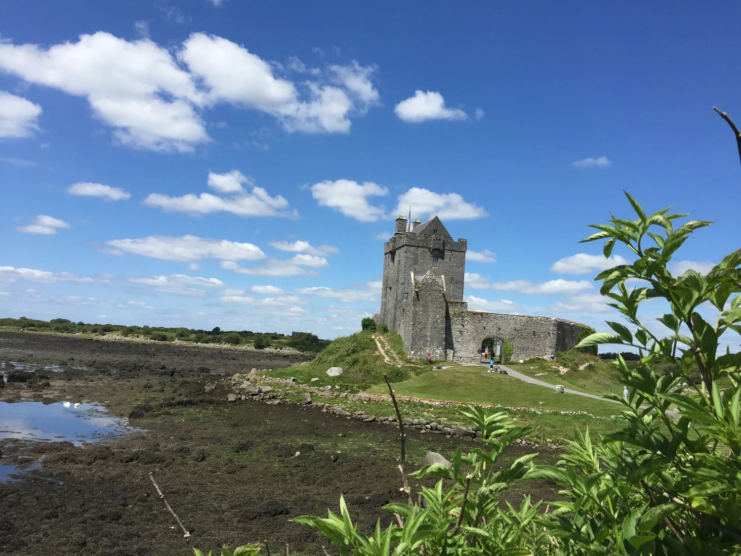 Dunguaire Castle on the Galway Bay shoreline in Ireland, with blue sky and scattered clouds above.