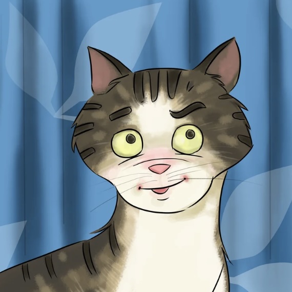 Illustrated tabby cat Daisy from Daisy, Darn It! with wide yellow eyes and a playful expression, standing in front of blue curtains with soft leaf patterns.